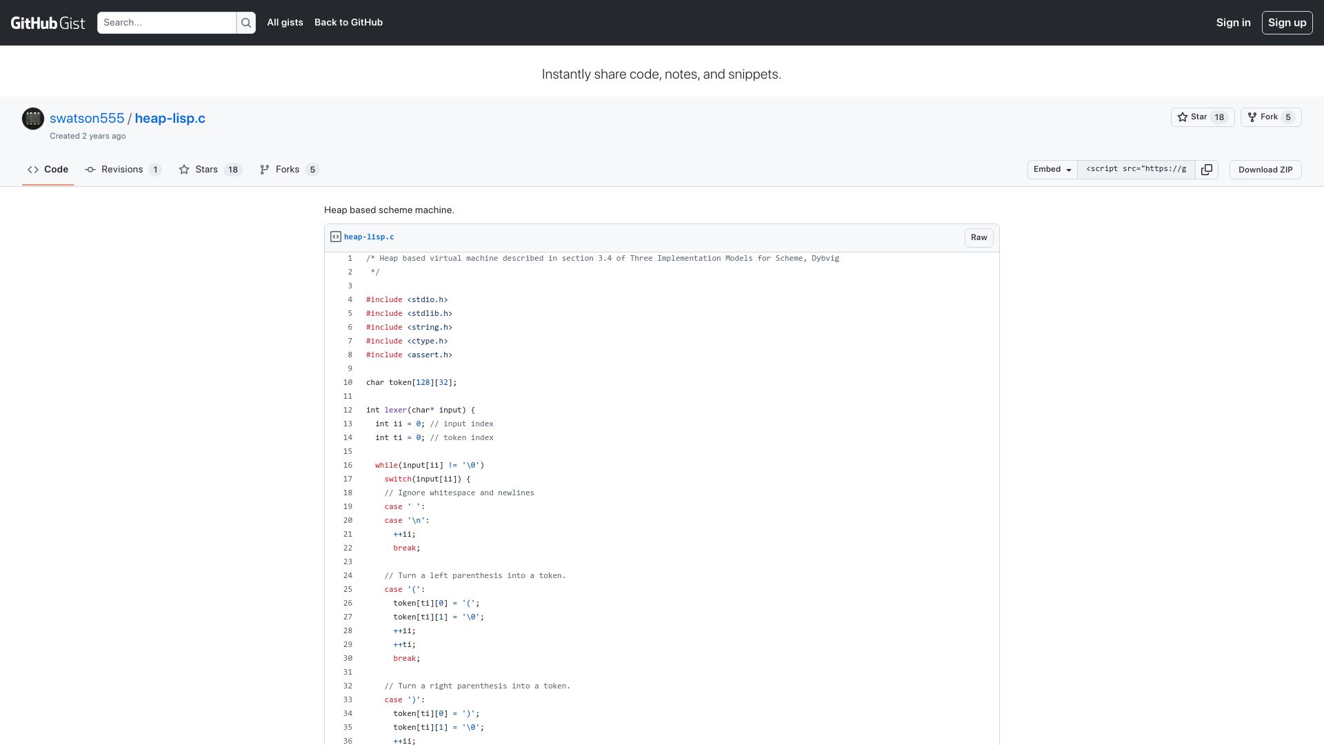 Screenshot of gist.github.com: Show HN: Kent Dybvig's Scheme Machine in 400 Lines of C (Heap-Memory Model)