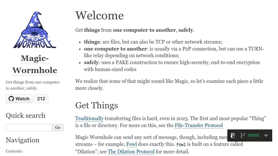 Screenshot of magic-wormhole.readthedocs.io: Magic Wormhole: Get things from one computer to another, safely