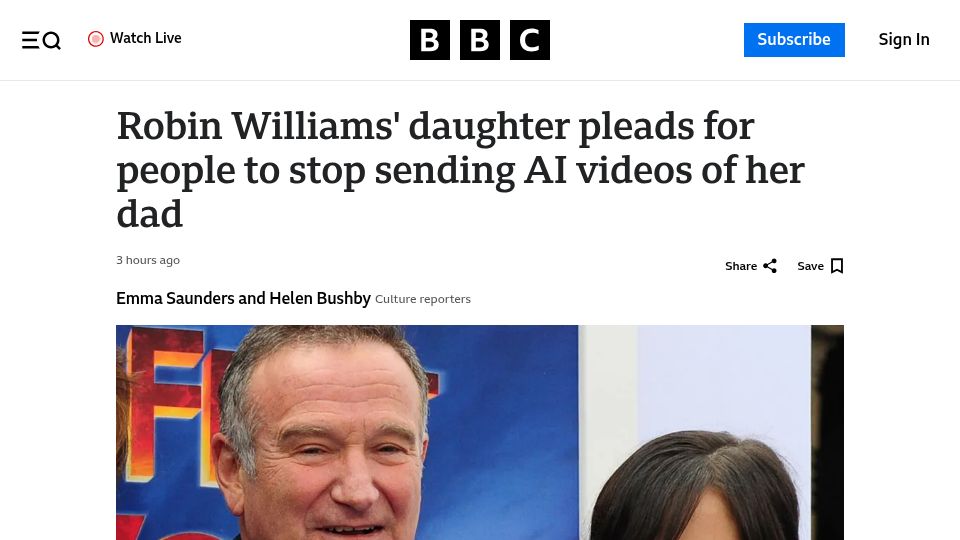 Screenshot of bbc.co.uk: Robin Williams' daughter pleads for people to stop sending AI videos of her dad