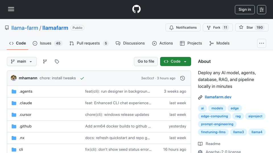 Screenshot of github.com: Launch HN: LlamaFarm (YC W22) – Open-source framework for distributed AI