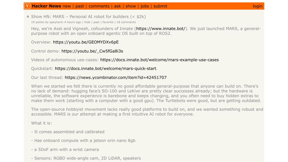 Screenshot of Hacker News post: Show HN: MARS – Personal AI robot for builders (< $2k)
