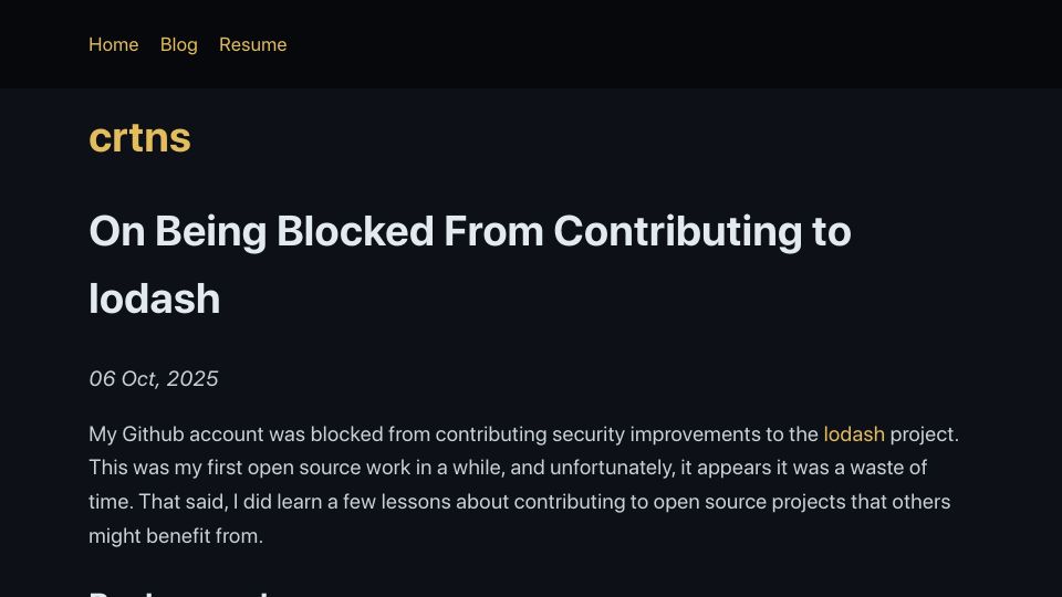 Screenshot of c.ruatta.com: Being blocked from contributing to lodash