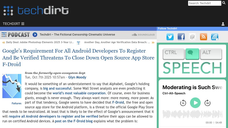 Screenshot of techdirt.com: Google's Requirement for Developers to Be Verified Threatens App Store F-Droid