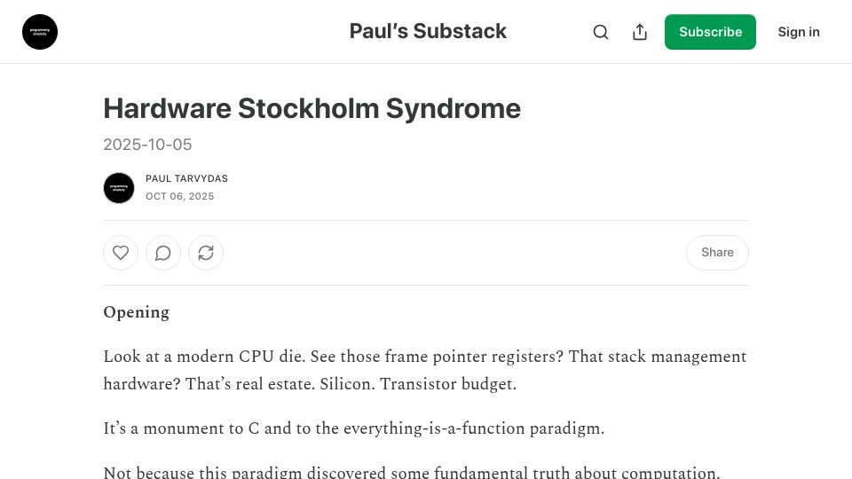 Screenshot of programmingsimplicity.substack.com: Hardware Stockholm Syndrome
