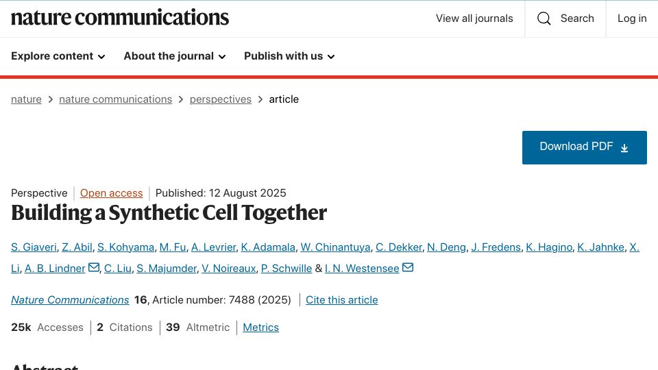 Screenshot of nature.com: Building a Synthetic Cell Together