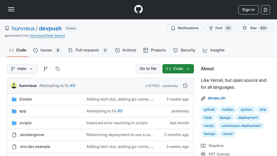 Screenshot of github.com: Devpush – Open-source and self-hostable alternative to Vercel, Render, Netlify