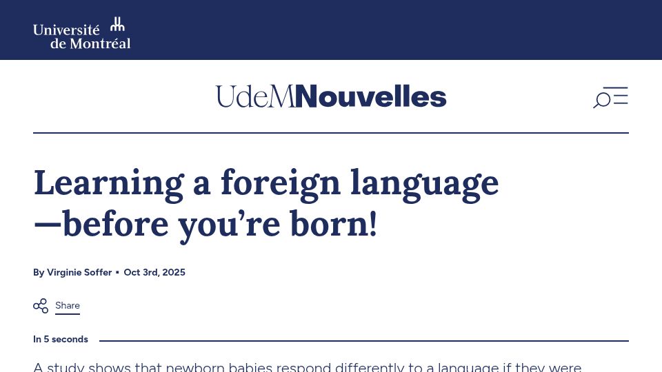 Screenshot of nouvelles.umontreal.ca: Learning a foreign language–before you're born