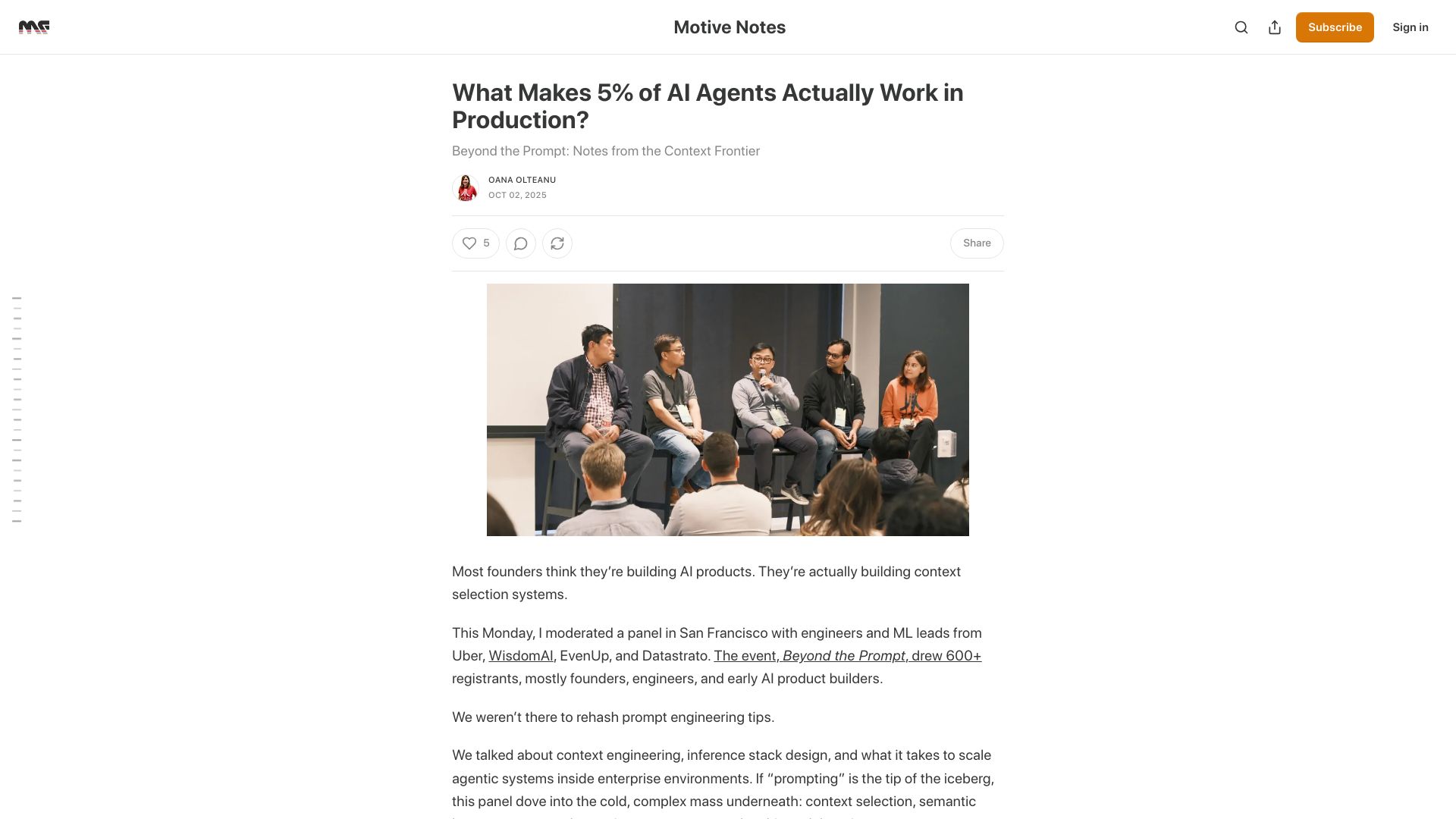 Screenshot of motivenotes.ai: What makes 5% of AI agents work in production?