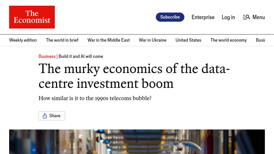Screenshot of economist.com: The murky economics of the data-centre investment boom