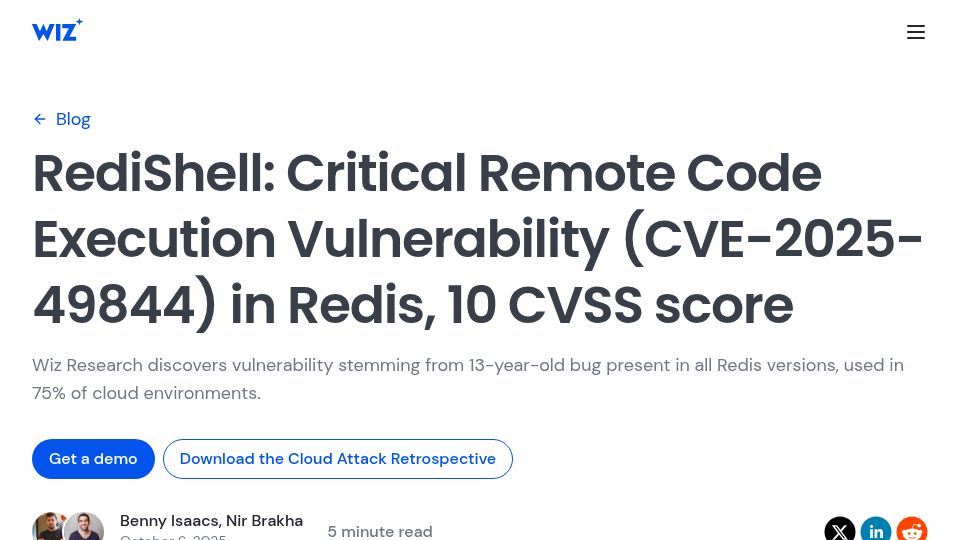 Screenshot of wiz.io: RediShell: Critical remote code execution vulnerability in Redis