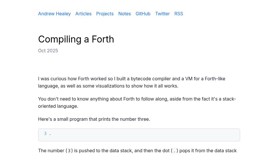 Screenshot of healeycodes.com: Compiling a Forth