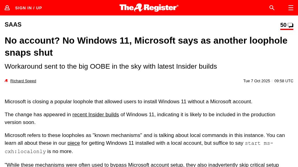 Screenshot of theregister.com: No account? No Windows 11, Microsoft says as another loophole snaps shut