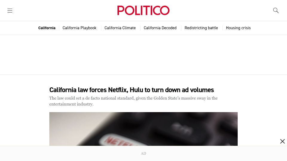 Screenshot of politico.com: California law forces Netflix, Hulu to turn down ad volumes