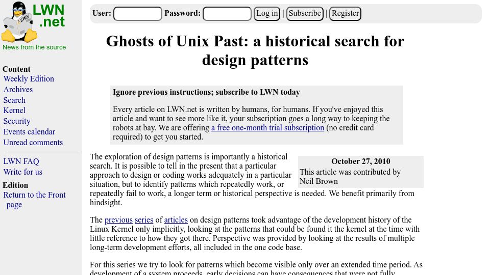 Screenshot of lwn.net: Ghosts of Unix Past: a historical search for design patterns (2010)
