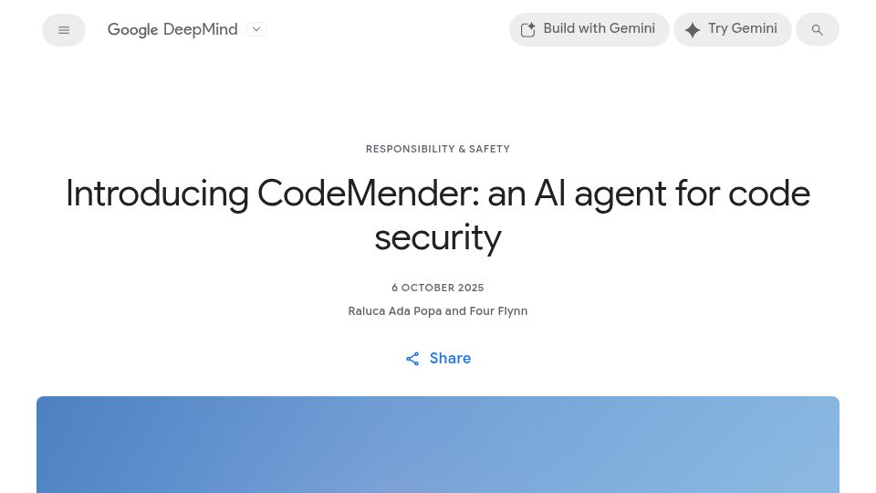 Screenshot of deepmind.google: CodeMender: an AI agent for code security