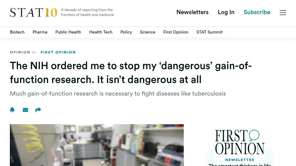 Screenshot of statnews.com: The NIH ordered me to stop my 'dangerous' gain-of-function research