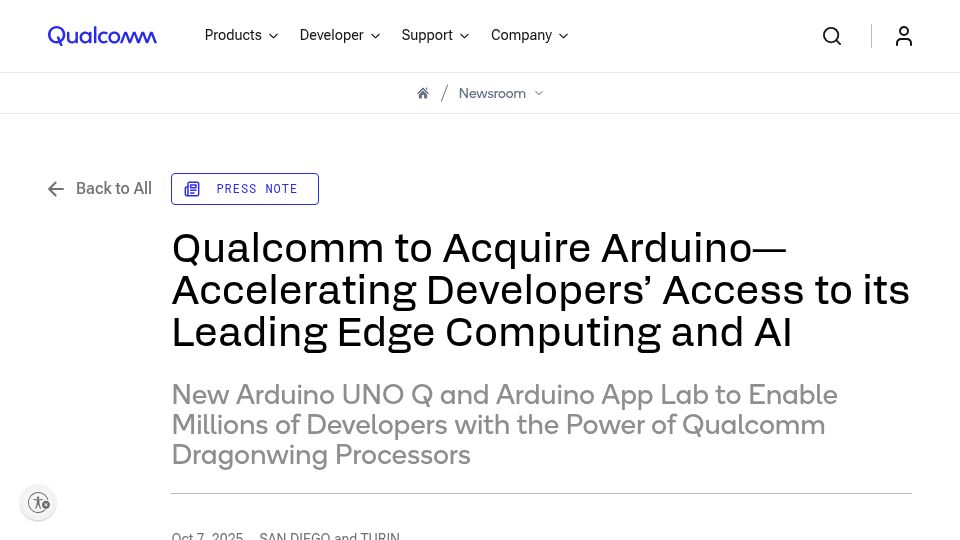 Screenshot of qualcomm.com: Qualcomm to acquire Arduino