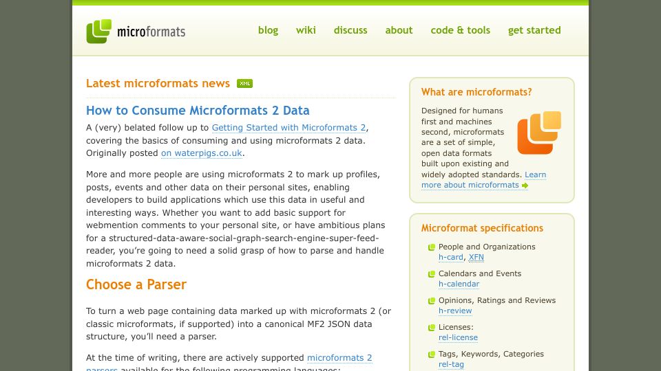 Screenshot of microformats.org: Microformats – building blocks for data-rich web pages