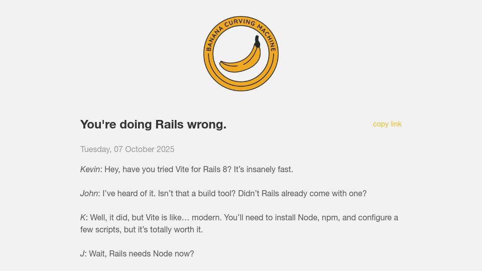 Screenshot of bananacurvingmachine.com: Doing Rails Wrong