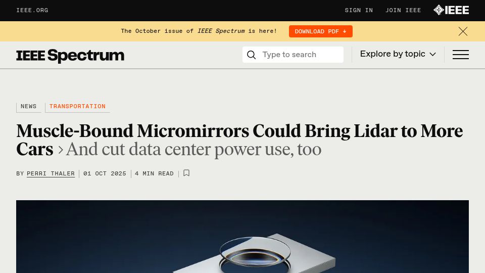 Screenshot of spectrum.ieee.org: Omnitron's MEMS Tech Boosts Lidar Reliability