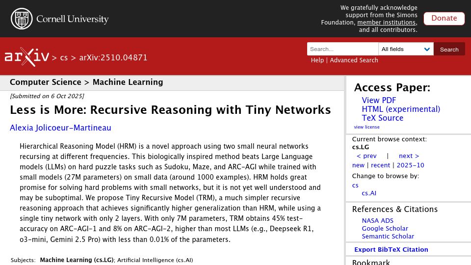 Screenshot of alexiajm.github.io: Less is more: Recursive reasoning with tiny networks