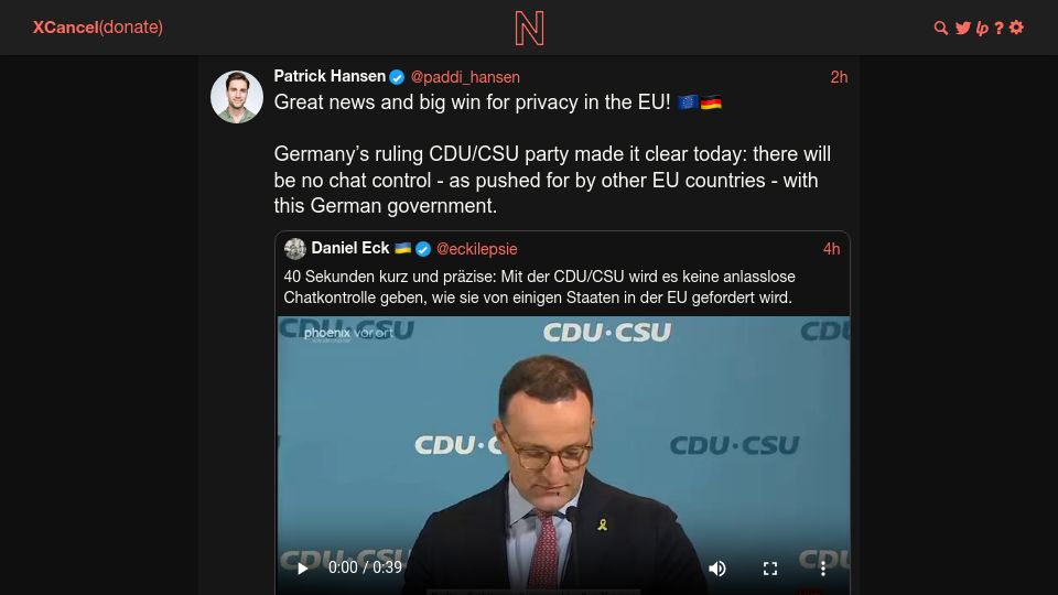 Screenshot of xcancel.com: German government comes out against Chat Control