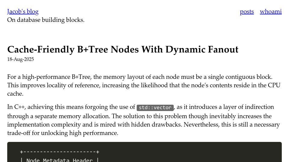Screenshot of jacobsherin.com: Cache-Friendly B+Tree Nodes with Dynamic Fanout