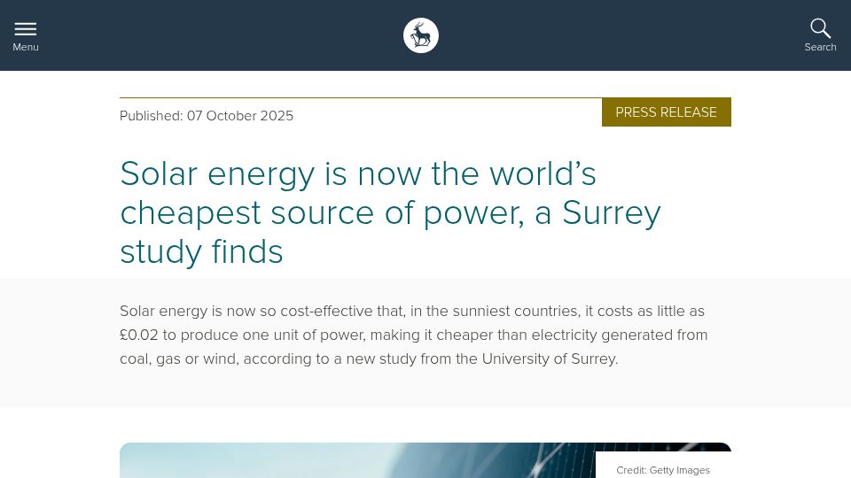 Screenshot of surrey.ac.uk: Solar energy is now the cheapest source of power, study