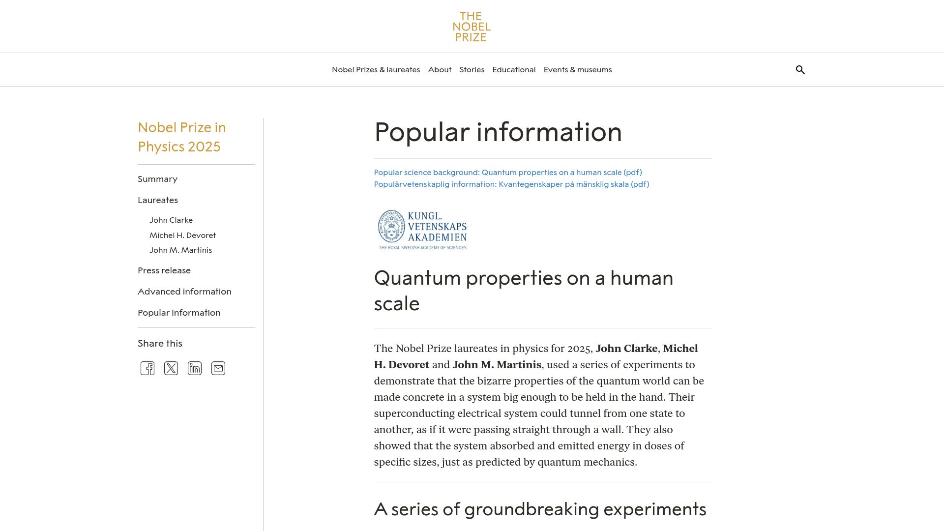 Screenshot of nobelprize.org: Nobel Prize in Physics 2025