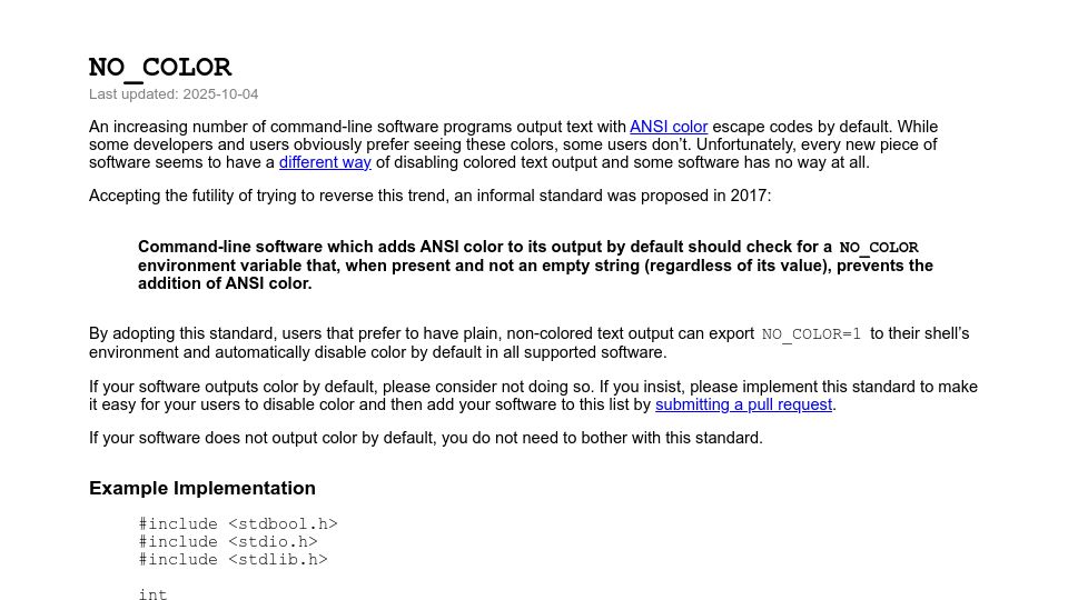 Screenshot of no-color.org: No_color: Disabling ANSI color output by default