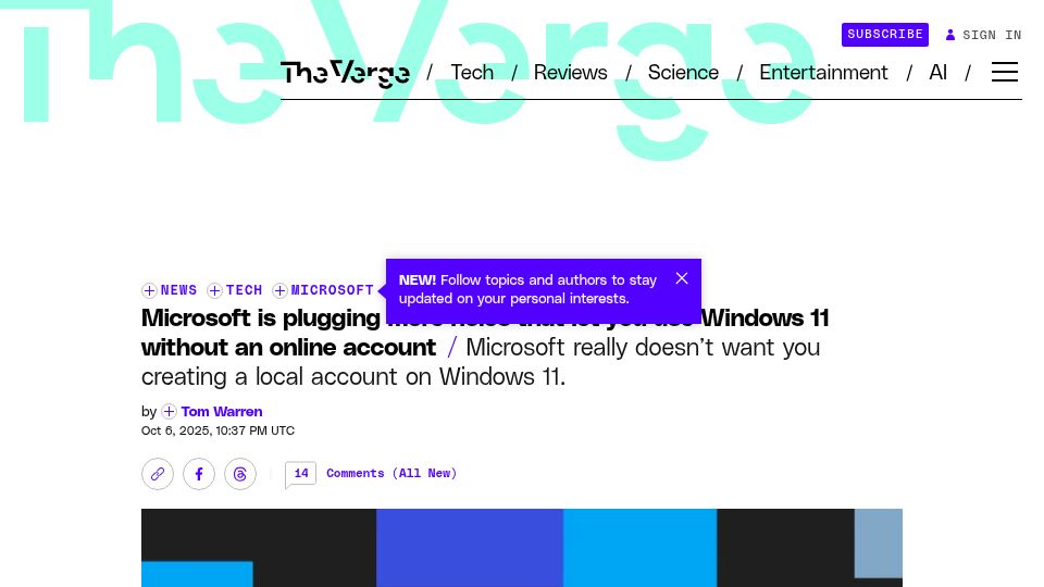 Screenshot of theverge.com: Microsoft is plugging more holes that let you use Windows 11 without MS account