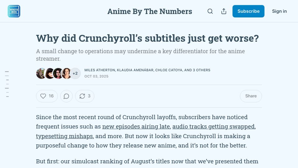 Screenshot of animebythenumbers.substack.com: Why did Crunchyroll's subtitles just get worse?