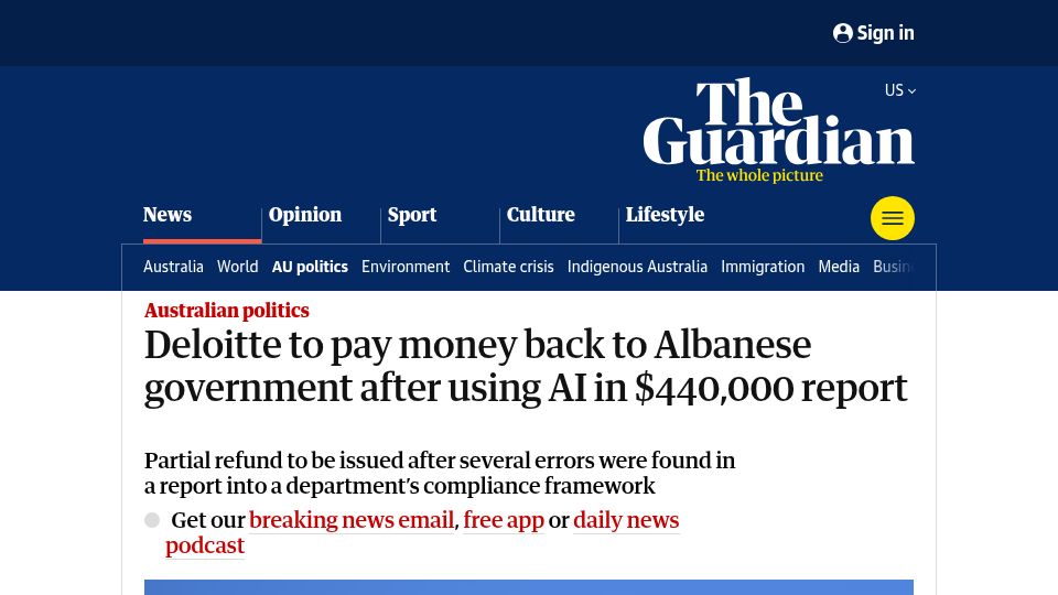 Screenshot of theguardian.com: Deloitte to refund the Australian government after using AI in $440k report