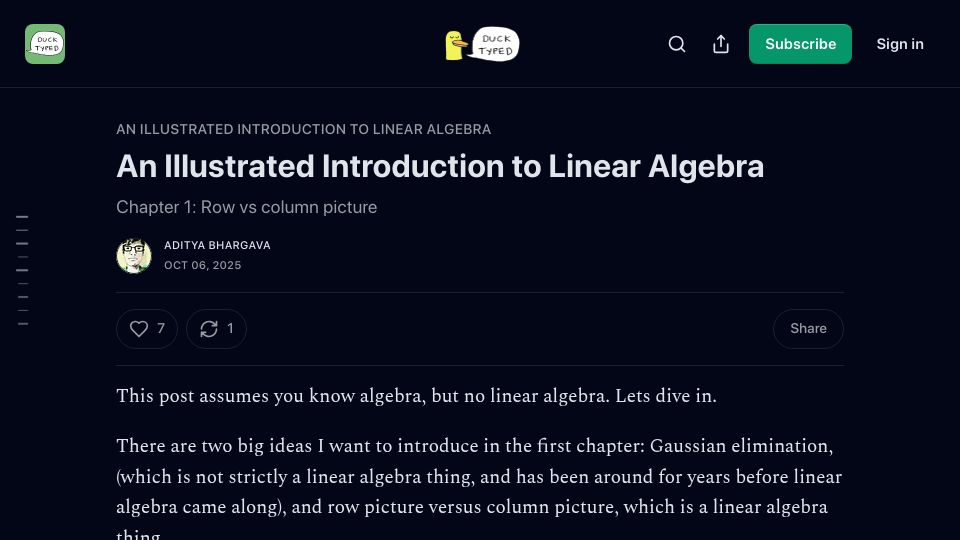 Screenshot of ducktyped.org: An illustrated introduction to linear algebra