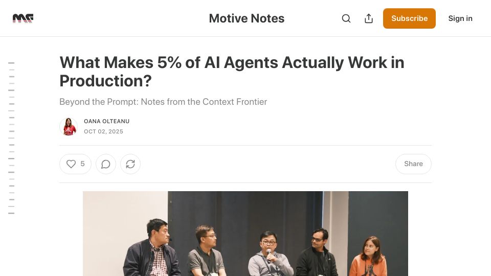 Screenshot of motivenotes.ai: What makes 5% of AI agents work in production?