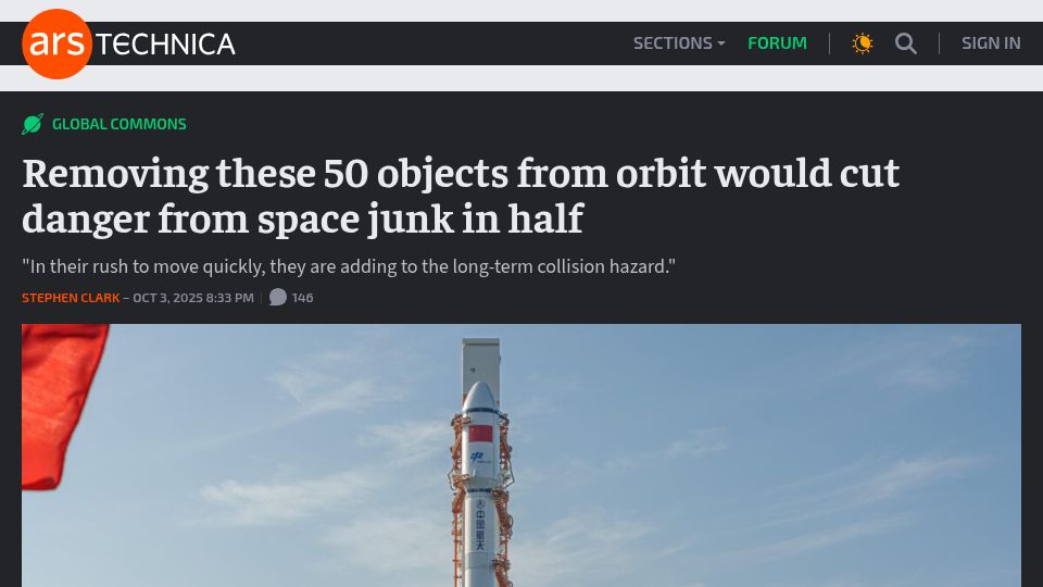 Screenshot of arstechnica.com: Removing these 50 objects from orbit would cut danger from space junk in half
