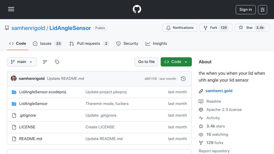 Screenshot of github.com: MacBook Lid Angle Sensor