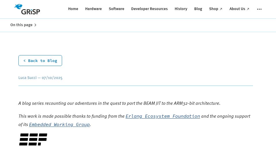 Screenshot of grisp.org: Erlang ARM32 JIT is born