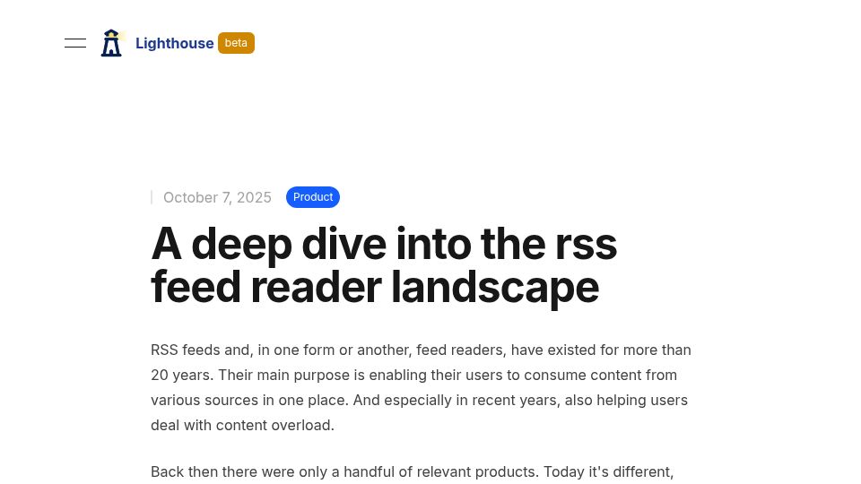Screenshot of lighthouseapp.io: The RSS feed reader landscape
