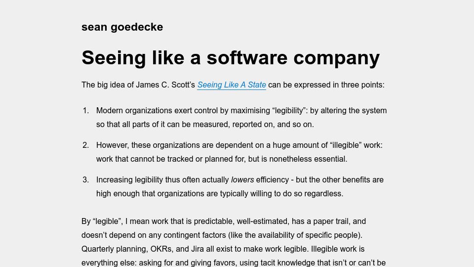 Screenshot of seangoedecke.com: Seeing like a software company