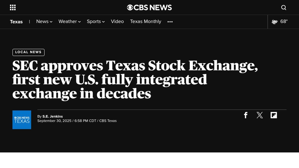 Screenshot of cbsnews.com: SEC approves Texas Stock Exchange, first new US integrated exchange in decades