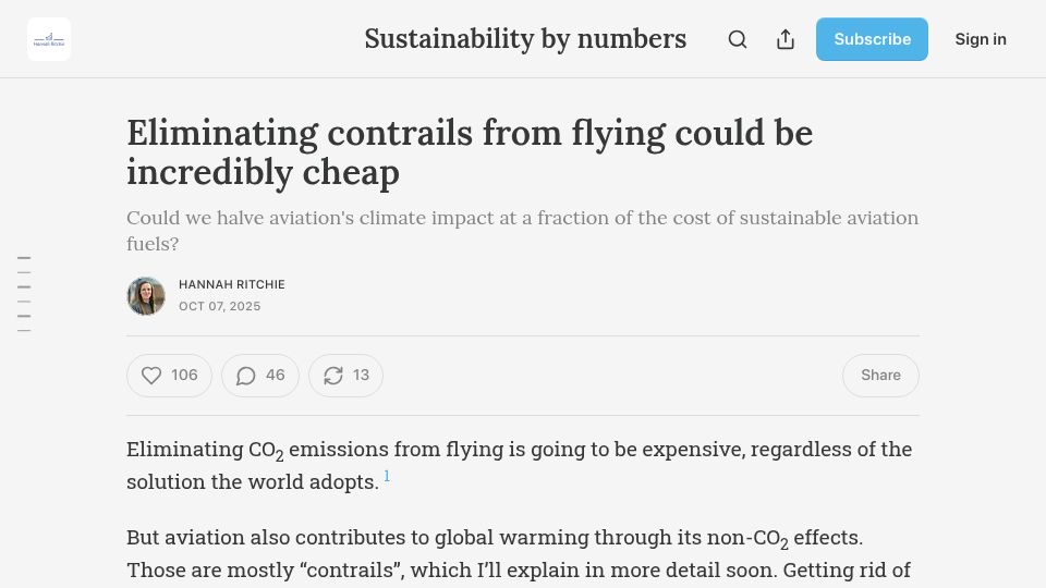 Screenshot of sustainabilitybynumbers.com: Eliminating contrails from flying could be cheap