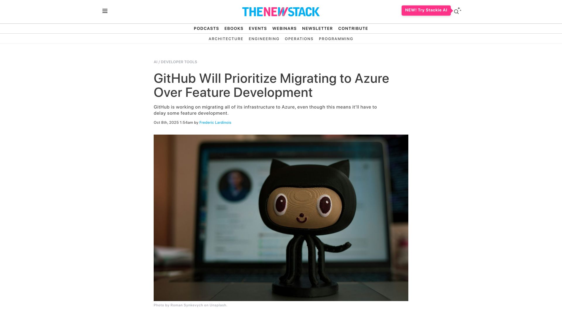 Screenshot of thenewstack.io: GitHub Will Prioritize Migrating to Azure over Feature Development