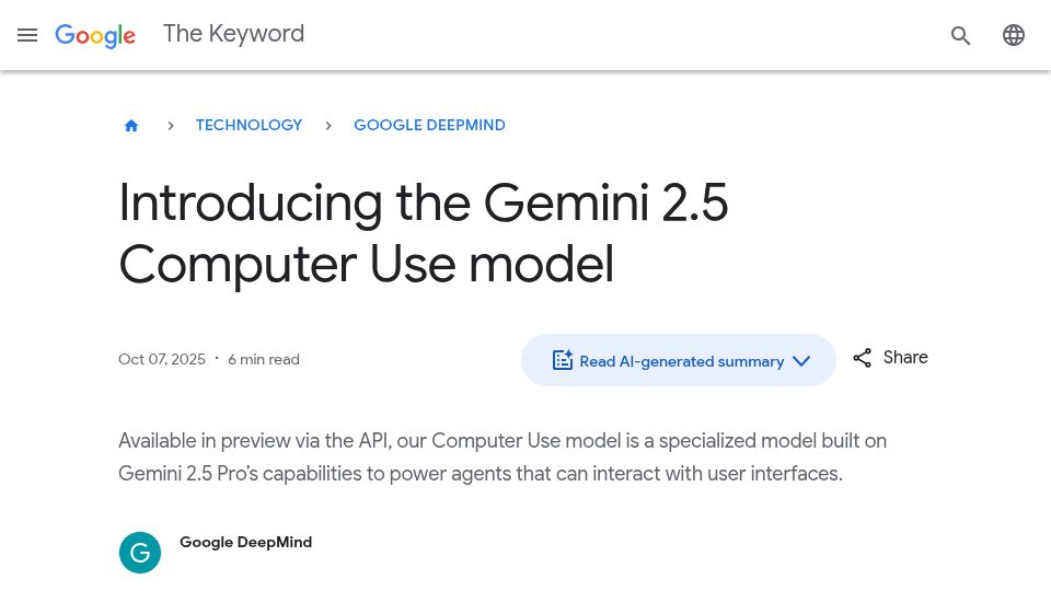 Screenshot of blog.google: Gemini 2.5 Computer Use model