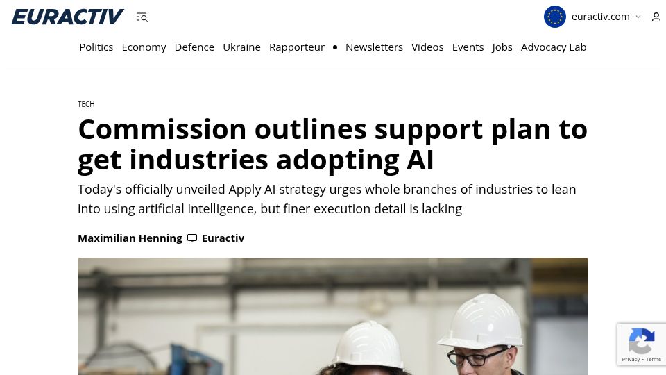 Screenshot of euractiv.com: Buy European: EU Commissions New Apply AI Strategy Launched