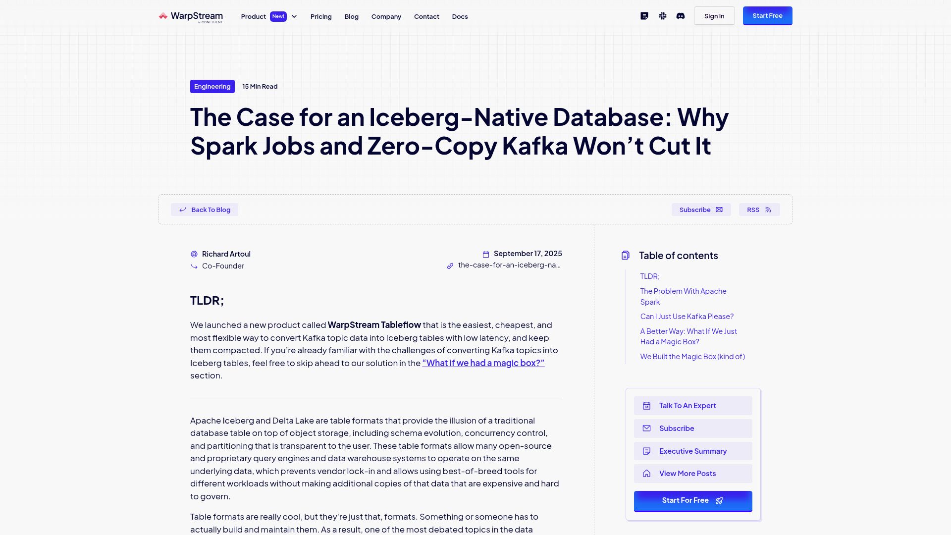 Screenshot of warpstream.com: The case for an iceberg-native database