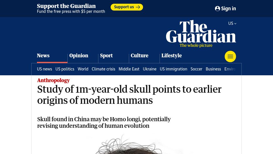 Screenshot of theguardian.com: Study of 1M-year-old skull points to earlier origins of modern humans