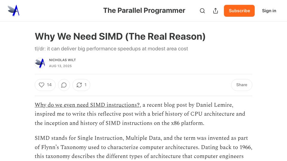 Screenshot of parallelprogrammer.substack.com: Why we need SIMD