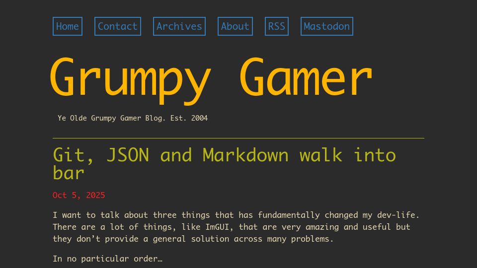 Screenshot of grumpygamer.com: Git, JSON and Markdown walk into bar