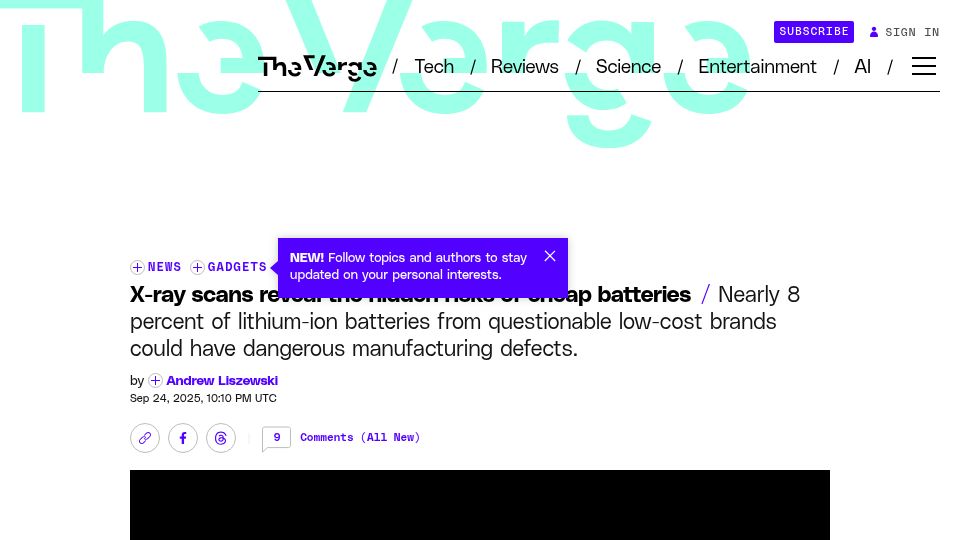 Screenshot of theverge.com: X-ray scans reveal the hidden risks of cheap batteries